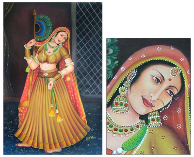 'Dancing Lady' - Pintura al óleo de estilo antiguo de una bailarina india