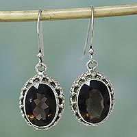 Smoky quartz drop earrings, 'Dazzle' - Smoky Quartz Earrings Sterling Silver Jewellery