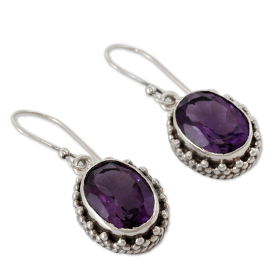 Amethyst drop earrings, 'Dazzle' - Handmade Sterling Silver and Amethyst Earrings from India