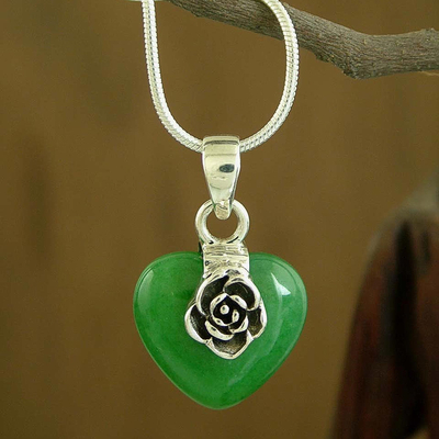 Silver and Green Agate Heart Pendant Necklace - Rose of Justice | NOVICA
