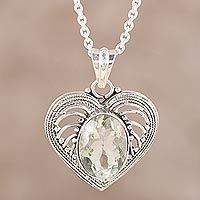 Prasiolite heart necklace, 'Love Rejoice' - Handmade Indian Prasiolite and Silver Heart Necklace