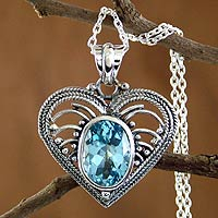 Blue topaz heart necklace, 'Love Rejoice' - Indian Heart Jewellery Sterling Silver Blue Topaz Necklace