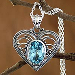 Indian Heart Jewelry Sterling Silver Blue Topaz Necklace, 'Love Rejoice'