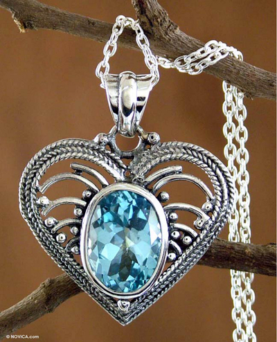 Blue topaz heart necklace, 'Love Rejoice' - Indian Heart Jewellery Sterling Silver Blue Topaz Necklace