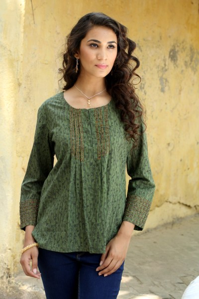 Cotton blouse, 'Green Quest' - Cotton Embroidered Blouse Top