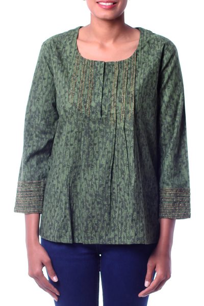 Cotton blouse, 'Green Quest' - Cotton Embroidered Blouse Top