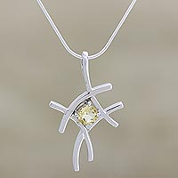 Citrine pendant necklace, 'Energize' - Sterling Silver and Citrine Modern Neclace from India