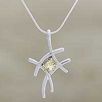 Citrine pendant necklace, 'Energize' - Sterling Silver and Citrine Modern Neclace from India