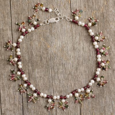 Pearl and garnet anklet, 'Jovial Dance' - Pearl Garnet and Tourmaline Ankle jewellery from India