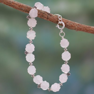 Rose quartz flower bracelet, 'Blossoming Ecstasy' - Rose Quartz Bracelet Sterling Silver Floral Jewelry