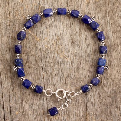 Lapis lazuli flower bracelet, 'Blossoming Ecstasy' - Fair Trade Floral Sterling Silver Lapis Lazuli Bracelet