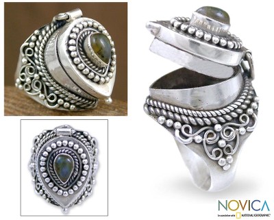 Labradorite cocktail locket ring, 'Forever Love' - Labradorite and Sterling Silver Locket Cocktail Ring