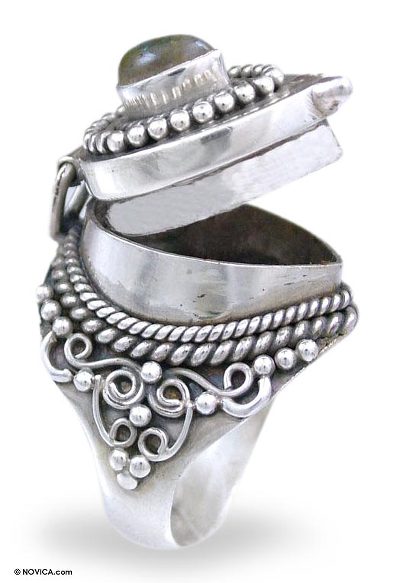 Labradorite cocktail locket ring, 'Forever Love' - Labradorite and Sterling Silver Locket Cocktail Ring