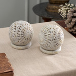 Soapstone candleholders, 'World is a Flower' (pair) - Hand Carved Jali Soapstone Candle Holders (Pair)