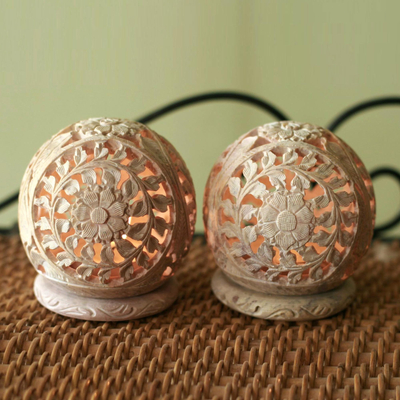 Soapstone candleholders, World is a Flower (pair)