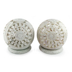Soapstone candleholders, 'World is a Flower' (pair) - Hand Carved Jali Soapstone Candle Holders (Pair)