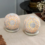 Soapstone candleholders, 'World is a Flower' (pair) - Hand Carved Jali Soapstone Candle Holders (Pair)