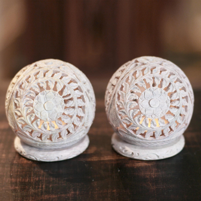 Soapstone candleholders, 'World is a Flower' (pair) - Hand Carved Jali Soapstone Candle Holders (Pair)