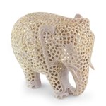 Soapstone sculpture, 'Mother of Triplets' - Hand Carved Jali Soapstone Elephant Sculpture