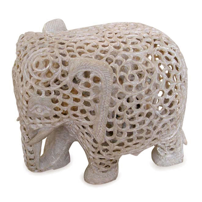 Soapstone sculpture, 'Mother of Triplets' - Hand Carved Jali Soapstone Elephant Sculpture