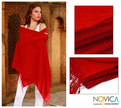 Chal de lana - Chal rojo brillante 100% lana tejido a mano en la India