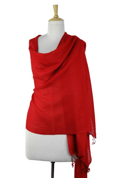 Wool shawl, 'Romance in Red' - Bright Red 100% Wool Shawl Hand Woven in India