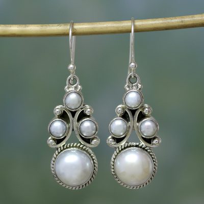 Pearl dangle earrings, 'Cloud Castle' - Bridal jewellery Sterling Silver Pearl Earrings from India