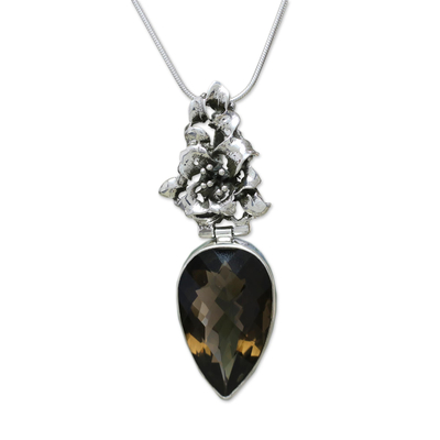 Smoky quartz flower necklace, 'Tiger Lily' - Artisan Crafted Sterling Silver and Smokey Quartz Earrings