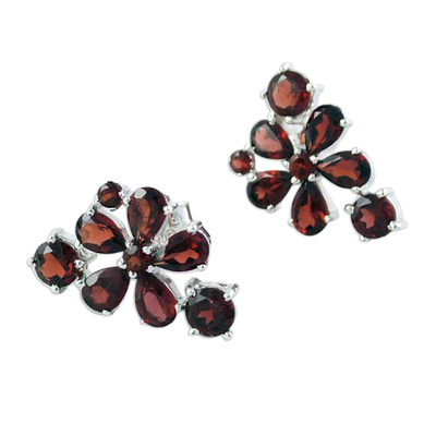 Garnet flower earrings, 'Scarlet Petals' - Handcrafted Floral Sterling Silver Garnet Earrings
