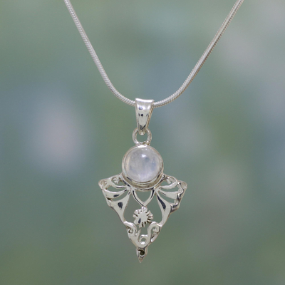 Moonstone pendant necklace, 'Rainbow Fern' - Sterling Silver and Rainbow Moonstone Necklace