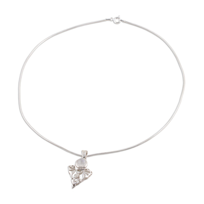 Moonstone pendant necklace, 'Rainbow Fern' - Sterling Silver and Rainbow Moonstone Necklace
