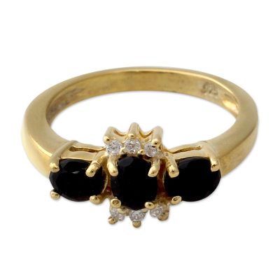 Gold vermeil onyx 3 stone ring, 'Rajasthani Princess' - Gold vermeil onyx 3 stone ring
