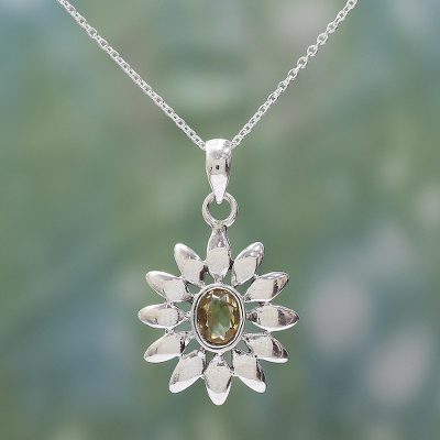 Citrine flower necklace, 'Sunflower' - Hand Crafted Floral Sterling Silver and Citrine Necklace