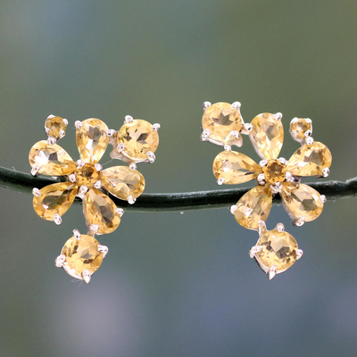 Citrine flower earrings, 'Sunshine Petals' - Hand Made Floral Citrine Button Earrings