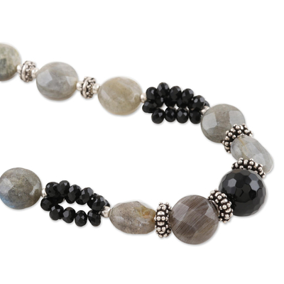 Onyx and labradorite beaded necklace, 'Mysterious Moonlight' - Onyx and labradorite beaded necklace