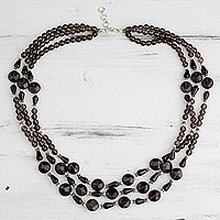 Smoky quartz strand necklace, 'Enigma' - Beaded Smoky Quartz and Sterling Silver Necklace from India