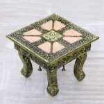 Nickel plated stool with copper accents, 'Copper Paradise' - Brass Repoussé Ottoman Unique Stool Made in India