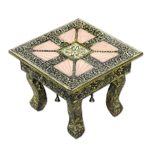 Nickel plated stool with copper accents, 'Copper Paradise' - Brass Repoussé Ottoman Unique Stool Made in India