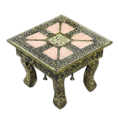 Nickel plated stool with copper accents, 'Copper Paradise' - Brass Repoussé Ottoman Unique Stool Made in India