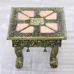 Nickel plated stool with copper accents, 'Copper Paradise' - Brass Repoussé Ottoman Unique Stool Made in India