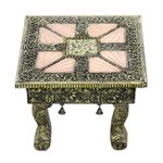 Nickel plated stool with copper accents, 'Copper Paradise' - Brass Repoussé Ottoman Unique Stool Made in India