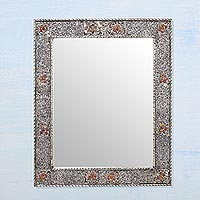 Espejo, 'Celebration' - Espejo de latón repujado hecho por un artista con gemas de vidrio