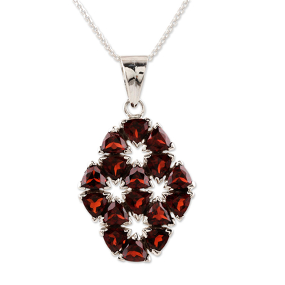 Garnet flower necklace, 'Glorious' - Handcrafted Floral Sterling Silver and Garnet Necklace