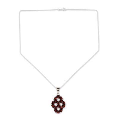 Garnet flower necklace, 'Glorious' - Handcrafted Floral Sterling Silver and Garnet Necklace