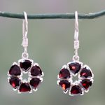 Garnet flower earrings, 'Glorious' - Fair Trade Floral Sterling Silver and Garnet Earrings