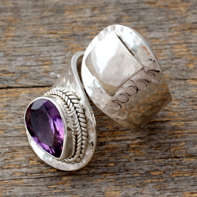 Amethyst wrap ring, 'Curled Up' - Sterling Silver Single Stone Amethyst Ring