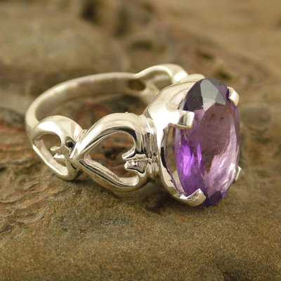 Amethyst cocktail ring, 'Ode to Love' - Amethyst Heart Cocktail Ring from India