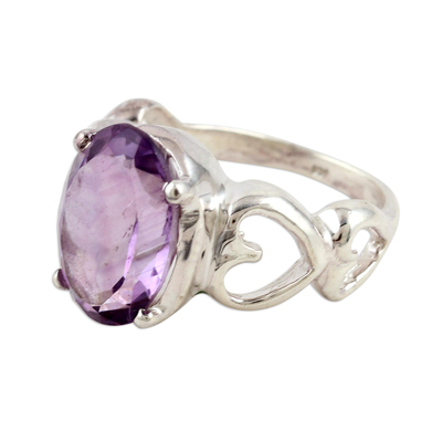Amethyst cocktail ring, 'Ode to Love' - Amethyst Heart Cocktail Ring from India