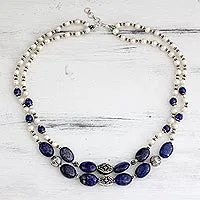 Pearl and lapis lazuli strand necklace, 'Delhi Princess' - Pearl and lapis lazuli strand necklace