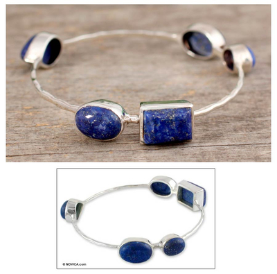 Lapis lazuli bangle bracelet, 'Depth' - Sterling Silver Bangle Bracelet with Lapis Lazuli 